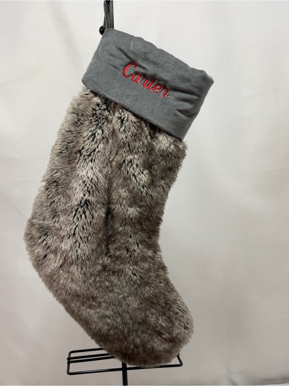 Pottery Barn Gray Faux Fur Personalized Christmas Stocking "Carter" 20in